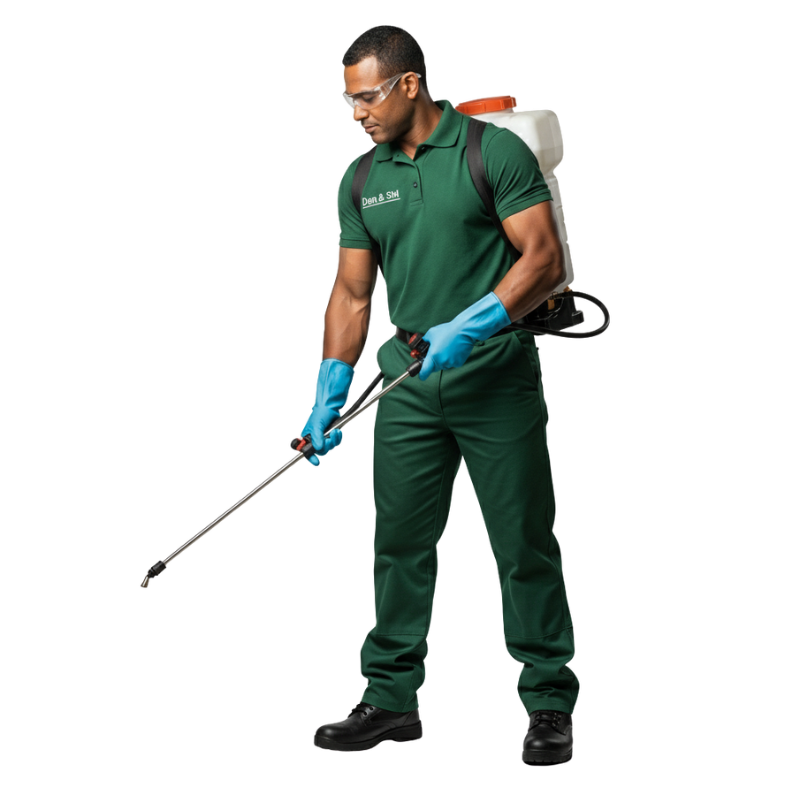 Dan & Shi Pest Control technician spraying inside a Mauritian home